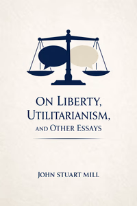 Cover art for On Liberty, Utilitarianism, and Other Essays featuring a minimalist balance scale formed by two opposing speech bubbles, suggesting liberty versus authority, set against a refined parchment-toned background with modern typography.