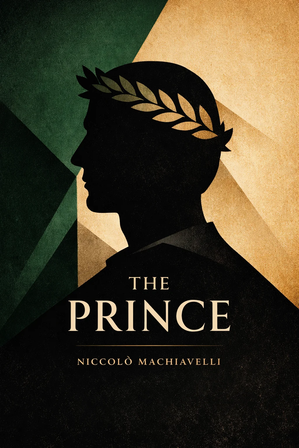 Cover art for The Prince featuring a minimalist Renaissance-inspired silhouette of a ruler in profile, with subtle shadowed geometry suggesting power, intrigue, and political strategy, in a restrained palette of deep green, black, and warm parchment tones.