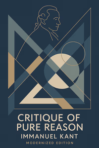 Cover art for the modernized 'Critique of Pure Reason' featuring a stylized portrait of Immanuel Kant, abstract symbols of reason and understanding (like geometric patterns representing transcendental idealism), or cosmic/natural elements representing the boundaries of human knowledge.