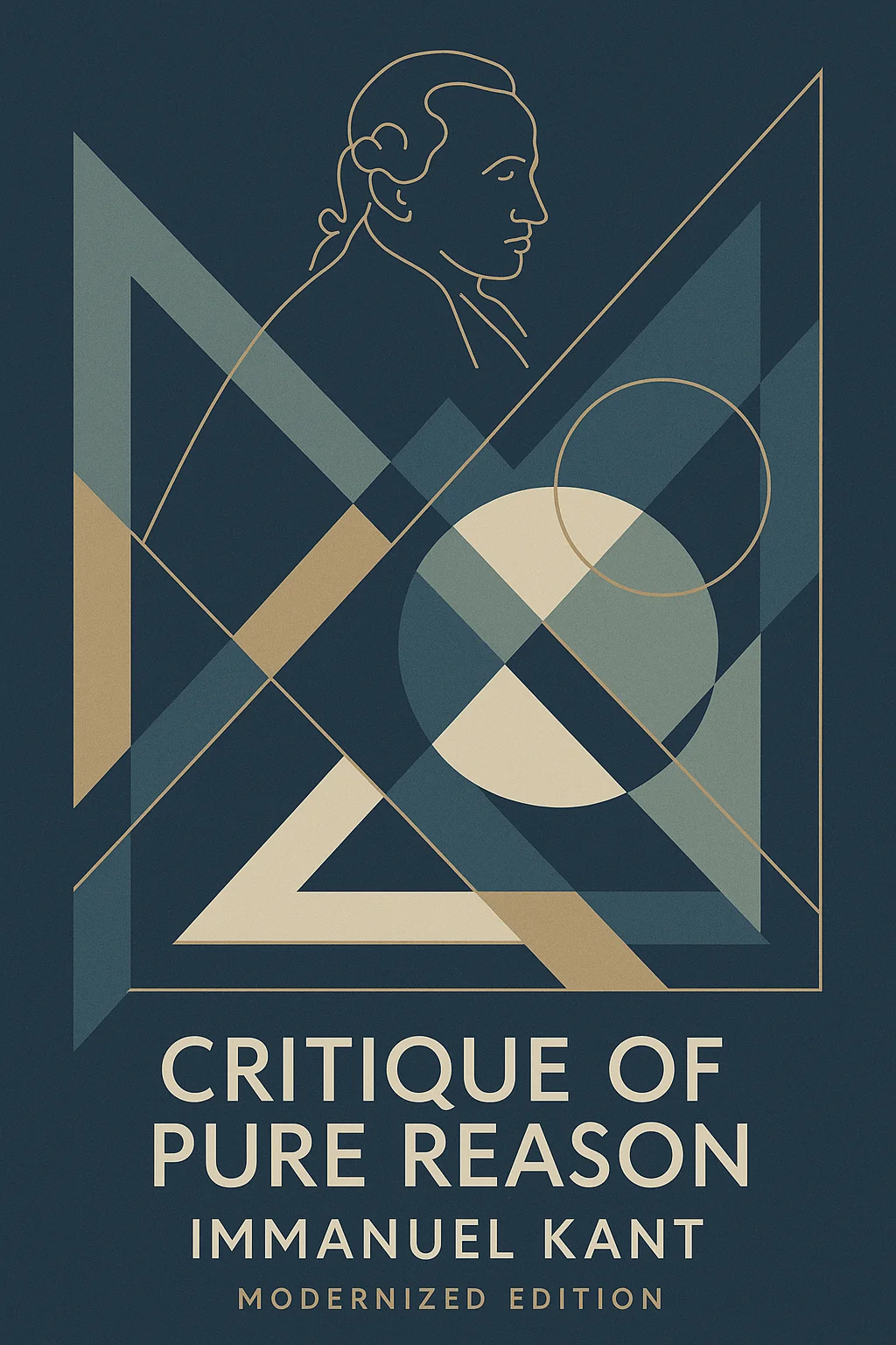 Cover art for the modernized 'Critique of Pure Reason' featuring a stylized portrait of Immanuel Kant, abstract symbols of reason and understanding (like geometric patterns representing transcendental idealism), or cosmic/natural elements representing the boundaries of human knowledge.