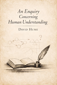 Cover art for An Enquiry Concerning Human Understanding featuring a minimalist 18th-century-inspired study scene with a quill, open book, and subtle abstract lines suggesting cause-and-effect, in muted parchment and ink tones, with the title and author set in elegant serif typography.