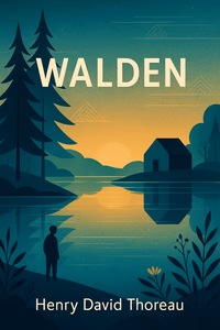 Cover art for the modernized 'Walden' featuring a serene lake view of Walden Pond, minimalist cabin elements, and natural motifs that symbolize simplicity and self-reliance, rendered in a contemporary artistic style that bridges Thoreau's 19th century ideals with modern environmental consciousness.