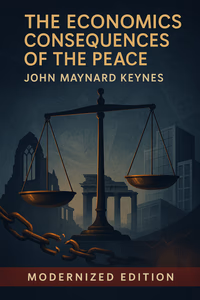 Cover art for the modernized 'The Economic Consequences of the Peace' featuring symbolic elements of post-war Europe, economic imagery such as balanced scales or broken chains, and visual representations of Keynes' warnings about reparations and economic instability, rendered in a contemporary style that connects his 1919 insights with modern global economic concerns.