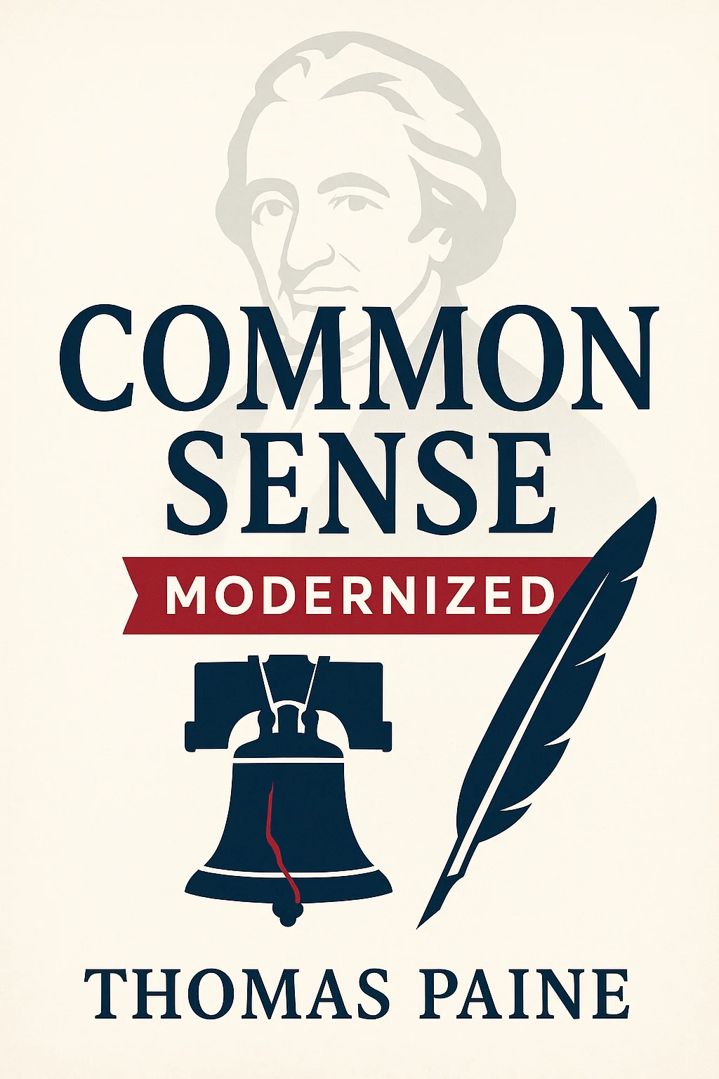 Cover art for the modernized 'Common Sense' featuring a stylized portrait of Thomas Paine or iconic imagery from the American Revolution like a quill pen, colonial flag, or liberty bell.